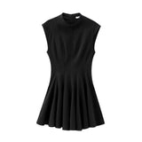 Foridol Stand Collar Sleeveless Pleated Tank Dress for Women Brown Casual Short Autumn Winter Dress Zip Black Ladies Vestidos