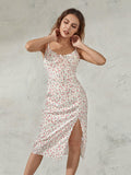 Women Summer Floral Print Party Club Midi Dress Sleeveless Spaghetti Strap Bustier Backless Thigh Slit Slim Dress