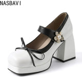 Purple Women Pumps Square Toe 9cm For Women Mary Janes Lolita Block Heel Platform Bowknot Princess Leather Shoes Big Size 34-48