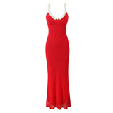 V Neck Spaghetti Strap Red Party Women's Dress Flower Decor Elegant Sleeveless Bodycon Maxi Vestidos 2025 Beach Casual Long Robe