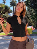 FDYOUI Woman Covered Buttons T-shirts 2026 Summer Short Sleeve Slim Cardigan Tops Ladies Chic Corset Tee Shirt White Black Red