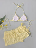Women Yellow Flower Bikini Sets Three Pieces with Ruffles Mini Skirt Halter String Swimsuit Bathing Suit Beach Outfits Biquini