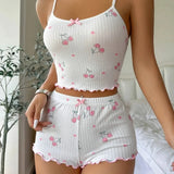 Women's Heart Print Sexy Ribbed Bow Decor Pajama Set, Round Neck Backless Comfortable Crop Cami Top & Shorts, Summer Nightwear