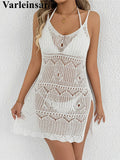 Crochet Knitted Hollow Out Halter Mini Dress Tunic Beach Cover Up Cover-ups Beach Dress Beach Wear Beachwear Female Women V8210
