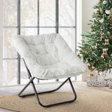 JHK Cozy Saucer Chair Soft Faux Fur Folding Lounge Chair Padded Metal Frame