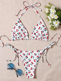 With Mesh Skirt Cherry Printed Bikini Female Swimsuit Women Swimwear Three Pieces Bikini Set Halter Bathing Suit Swim Beachwear