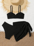 Sexy Black Beige Mesh Skirt 3 Piece Bikini Set 2025 Women Summer Metal U Wire Push Up Swimwear Bathing Suit Holiday Swimsuit