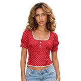 Women Short Sleeve Dot Print Lace Trim T-shirts Buttons Scoop Neck Blouses Summer Slim Fit Casual Tops Streetwear