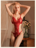 1pc Sexy Lace Bodystocking, Deep V Neck, Crotchless Design, Alluring And Seductive
