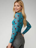 Women’s Spring Summer Crew Neck Mesh T-Shirts Long Sleeve Dots Print Slim Fit Transparent Classic Tops