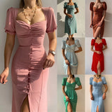 Fashion Bandage Bodycon Dresses For Women Puff Short Sleeves Sexy Low Cut Slim A-line Dress Elegant Ladies Vestidos 2023 Summer