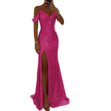 Women Evening Dress Off Shoulder V Neck Side Slit Floor Length Sequin Ball Gown Sleeveless Prom Wedding Party Banquet Maxi Dress