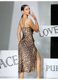 Women Sexy Leopard Print Slip Nightdress Removable Padded Drawstring High Slit Midi Nightgown Loungewear