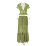 FDYOUI Sexy V-neck Lace Patchwork T-shirt Tops+Long Skirt 2 Piece Set Women's Summer Green Holiday Party Dress Suit Streetwear
