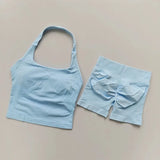 2PCS Seamless Halter Neck Yoga Set Push up Sports Bra And High Waist Butt Lift Fitness Shorts Tummy Control Fitness Wear