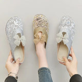 Women Mesh Sequins Slippers Outdoor Retro Slides for Girls Flat Heeled Summer Mules Female Bling Shoes with Bow Sweet Sandals