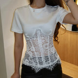FDYOUI Woman Clothing Lace Patchwork Corset T-shirt 2026 Elegant Sexy Short Sleeve See-through Black Tops Y2K Girls T-shirts