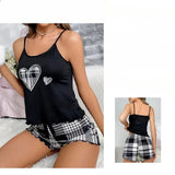 Women's new pajama suspender solid color top plaid shorts two-piece set of home wear