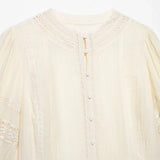 Women's Fashion Lace Romantic Style Shirt Women White Lace Trim Puff Sleeve Neck Button Front Casual Shirt For Daily Wear RJWE