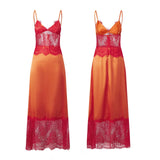 2026 Summer Women's Lace Patchwork Satin Dress Sleeveless Spaghetti Strap V Neck Long Dress Retro Sexy Elegant Dresses