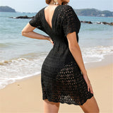 S - XL Short Sleeve V Neck Crochet Knitted Tunic Beach Cover Up Cover-ups Beach Dress Beach Wear Beachwear Female Women V5314