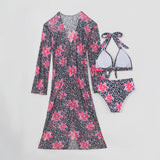 Blue Leopard Print Bikini Set Large Size Women Front Tie Push Up High Waist Swimsuit 2026 Long Sleeve Cover Up 3 Piece Swimsuit