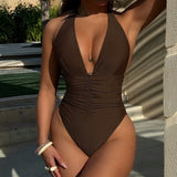 DEKA Metal Ring Deep V Neck Swimwear Tie Dye Cut Out One Piece Swimsuit Women Female Monokini High Leg Cut Bather Bathing Suit