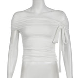 Korean Style Solid Color Women's Top Casual Slash neck Crop Top Fahionable Slim Fit White Tee Lady Summer Night Out Dress up