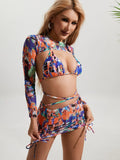 Long Sleeve Printed Halter Bikini Female Swimsuit Women Swimwear Four-pieces Bikini Set with Mesh Skirt Bathing Suit Beach Wear
