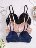 3Pcs Floral Lace Women's Underwear Set Daily Push-Up Bra Rhinestone Breathable Mesh Bra for Women