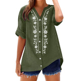 Womens V Neck Embroidered Linen Tunic Shirt Roll Up Sleeve Button Down Loose Fit Casual Boho Blouse Vintage Summer Beach Shirts