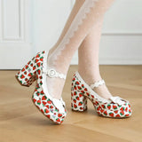 Big Size 43 High Quality Women's y2k Block High Heels Sweet Strawberry Print Mary Jane Pumps Black Pink Platform Lolita Shoes