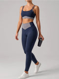 Summer Color-block Yoga Sets Women Thin Strap Open Back Shockproof Sports Bra Tight High Waist Leggings Training Fitness Suits