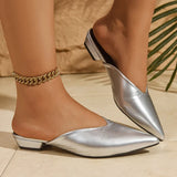 Silver Pointed Toe Mules Shoes Women Plus Size 42 Pu Leather Low Heels Slippers Woman Fashion Summer Closed Toe Flat Slides