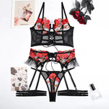 Toucheart 4-Piece Sexy Lingerie Set Women Embroidered Flower Straps Cross Hollow Out Mesh Patchwork Sexy Lace Up Bra Garters Set