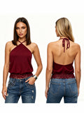 Women's Summer  Slim Fit Going Out Halter Tank Tops Lace Trim Hem Sleeveless Backless Vest