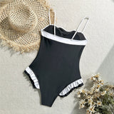 Ruffled Frilled Splicing One Piece Swimsuit Women Swimwear Female Monokini High Leg Cut Padded Bather Bathing Suit Swim V7414