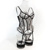 Embroidered flower underwear, sexy three-point mesh fishbone body shaping sexy suit with stockings