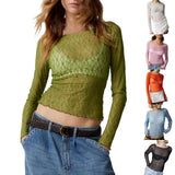 Sexy Lace Hot Girl Crop Tops Fashion Women Spring Autumn Long Sleeve Slim Fit Sheer T-Shirts Casual Streetwear Solid Basic Tees