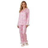 Womens 2 Pieces Christmas Pajamas Sets Print Furry Trim Button Up Long Sleeve Lapel V Neck Tops and Pants Lounge Wear