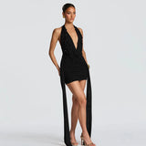 FDYOUI Elegant Halter Neck Water Drop Decoration Party Club Dress for Women 2026 Backless Bandage Folds Short Evening Dresses