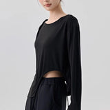 Women's Slimming Long-Sleeved Yoga Suit Sports T-Shirt with Drawstring Waist for Pilates Outdoor Fitness Training