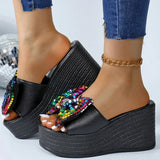 Women Colorful Sequins Platform Slippers Fashion 2025 Wedge Open Toe Black Sandal Ladies New Plus Size Thick Bottom Slides Mujer