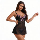 Black Floral Embroidered Mesh Chemise for Women Underwire Push Up Adjustable Back Closure Sleepwear with Panties Plus Size