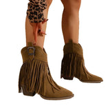 Women Ankle Boots Autumn  Suede Chelsea Boots Pointed Toe Tassel High Heel Shoe Rivet Fashion Retro Cowboy Boots Botas Mujer