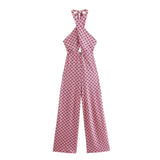 Foridol Geometric Print Summer summer Backless Jumpsuit Sleeveless Halter Wide Leg Pink Pants Overalls Front Cut Retro Jumpsuit