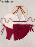 With Sarong Buttons Halter Bikini Female Swimsuit Women Swimwear Three-Pieces Bikini Set Padded Bather Bathing Suit Swim V8307