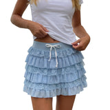 Women's Summer Layered Ruffle Mini Skirts Fashionable Solid Color Lace Patchwork Going Out Drawstring Cake Skirt