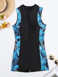 Vintage Blue Leaves Print Spliced One Piece Swimsuit Surfing Suit for Women Zipper Conservative Sports Bathing Suit Swimwear