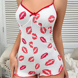 Summer Sleepwear Women Onesies Red Lips Print Strapless Bodysuit Romper Nightgown Shorts Exposed Sexy Pajamas